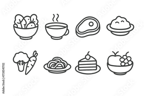 Dinner Icon Set. Outline icon set of dinner food items: salad bowl, soup bowl, steak, mashed potatoes, vegetables, pasta, dessert plate, fruit bowl. Line icons