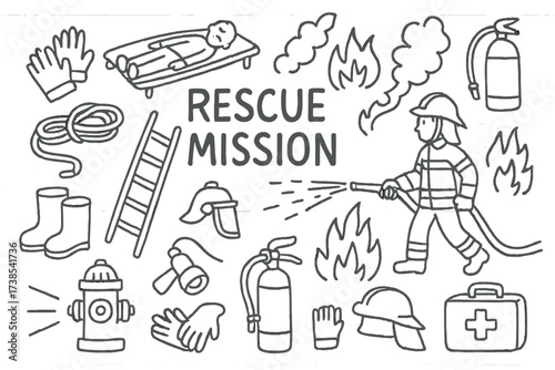 Firefighter Rescue Doodles. Rescue mission. Hand-drawn doodle illustration rescue mission stretcher, ladder, firefighter, smoke, fire hose, water spray,