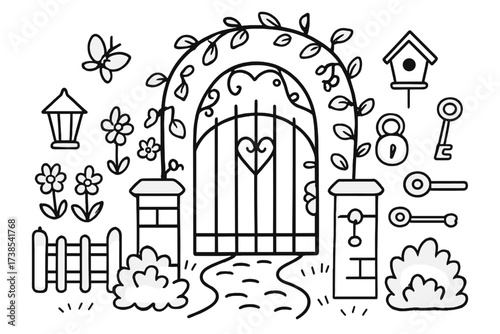 Garden Gate Doodles. Hand-drawn doodle illustration garden gate garden gate, flowers, fence, key, lock, pathway, arch, vine, leaves, butterfly, birdhouse,