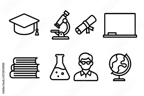 Romanian Education Icons. Outline icon set of Romanian education and science: graduation cap, microscope, diploma, blackboard, book stack, chemistry flask,