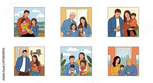 Diverse Family Portraits Illustrating Love Connection and Unity in Various Home and Outdoor Settings