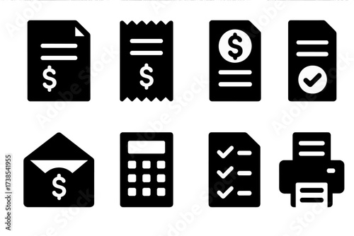 Billing Document Icons. Solid, filled icon set of billing documents: invoice, receipt, billing statement, payment confirmation, bill envelope, calculator,