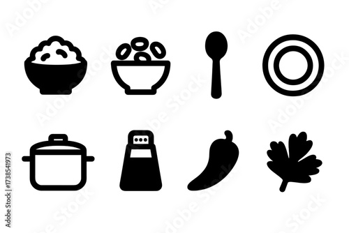Rice and Beans Icons. Solid, filled icon set of rice and beans: bowl of rice, bowl of beans, spoon, plate, pot, seasoning jar, chili pepper, cilantro leaf.