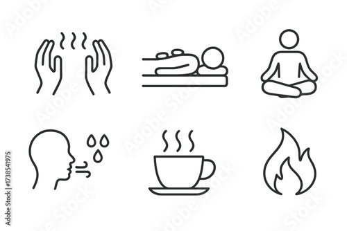 Heated Wellness Icons. Outline icon set of heated body and steam: warming hands, hot stone massage, sweat droplets, steam curls, relaxed posture, warm breath,