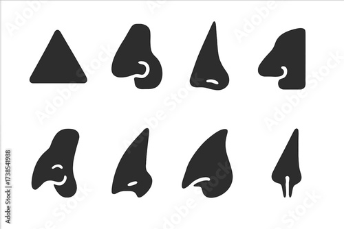 Pointed Nose Icons. Solid, filled icon set of stylized pointed noses: triangle nose, hooked nose, long pointed nose, side nose, cartoon witch nose, sharp elf