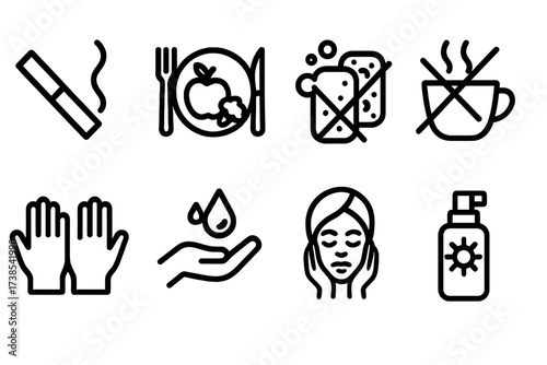 Dry Skin Care Icons. Solid, filled icon set of dry skin lifestyle habits: avoid smoking, balanced diet, avoid harsh soaps, limit caffeine, wear gloves, regular
