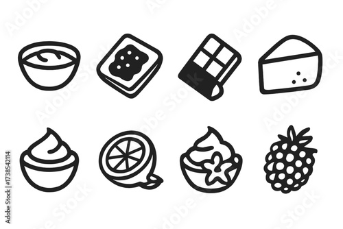 Pastry Fillings Icons. Solid, filled icon set of pastry fillings: custard, fruit jam, chocolate, cream cheese, almond paste, lemon curd, vanilla cream,