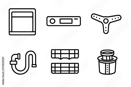 Dishwasher Component Icons. Outline icon set of dishwasher components: door, control panel, spray arm, detergent dispenser, water inlet, drain hose, racks,