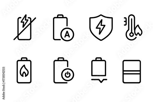 Power Bank Safety Icons. Outline icon set of power bank safety features: short circuit protection, overcurrent protection, surge protection, temperature