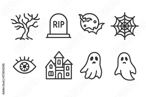 Haunted Icon Set. Outline icon set of haunted elements: eerie tree, gravestone, full moon, bats, spider web, creepy eye, haunted mansion, ghost silhouette.