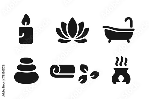 Spa Relaxation Icons. Solid, filled icon set of relaxation and spa: candle, lotus flower, massage stones, bath tub, essential oil, towel, flower petals,