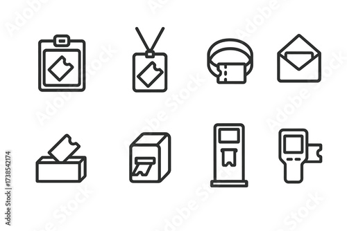 Ticket Accessories Icons. Outline icon set of ticket accessories: ticket holder, lanyard, wristband, ticket envelope, ticket box, ticket dispenser, ticket