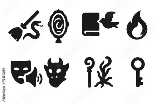 Enchanted Object Icons. Solid, filled icon set of enchanted object changes: broom to serpent, mirror to portal, book to bird, coin to flame, mask to creature,