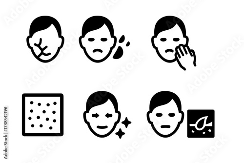 Dry Skin Icon Set. Solid, filled icon set of dry skin symptoms: cracked skin, flaking, redness, itching, rough texture, tightness, dullness, peeling. Line