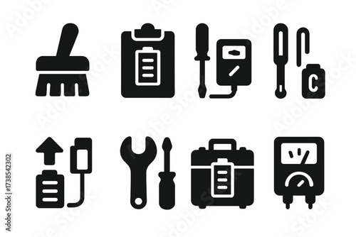 Battery Maintenance Icons. Solid, filled icon set of battery pack maintenance: cleaning brush, inspection checklist, calibration tool, temperature check,