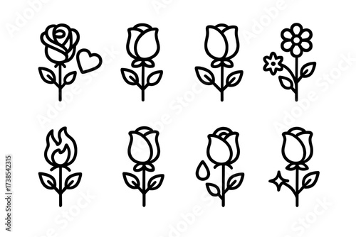 Rose Color Meanings Icons. Outline icon set of rose colors meanings: red for love, white for purity, yellow for friendship, pink for gratitude, orange for