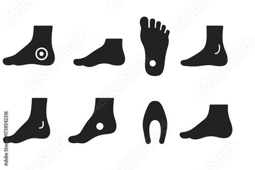 Foot Reflexology Icons. Solid, filled icon set of feet pressure points: reflexology zones, heel, ball, arch, toes, ankle, Achilles tendon, instep. Solid,