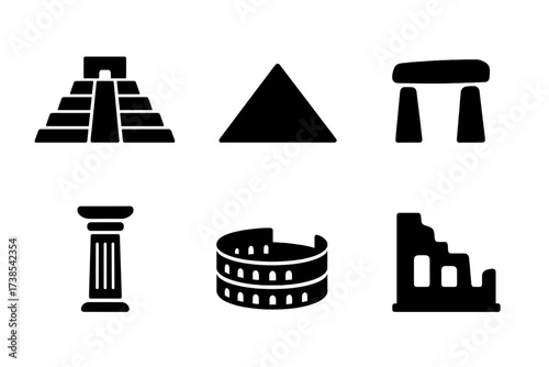 Ancient Architecture Icons. Solid, filled icon set of ancient architecture: ziggurat, pyramid, stone arch, dolmen, obelisk, temple column, amphitheater, ruin