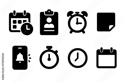 Appointment Icon Set. Solid, filled icon set of appointment schedule: calendar with clock, doctor?s clipboard, alarm clock, note, phone reminder, timer, clock,
