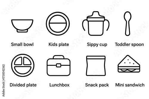 Kids' Serving Icons. Outline icon set of serving size for kids: small bowl, kid?s plate, sippy cup, toddler spoon, divided plate, lunchbox, snack pack, mini
