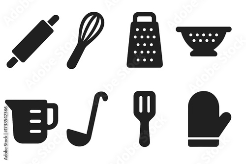 Kitchen Tools Icons. Solid, filled icon set of local food kitchen tools: rolling pin, whisk, grater, colander, measuring cup, ladle, spatula, oven mitt. [Line