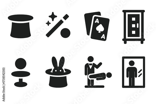 Magic Trick Icons. Solid, filled icon set of magic tricks: top hat, magic wand, playing cards, disappearing box, floating ball, rabbit in hat, levitation act,
