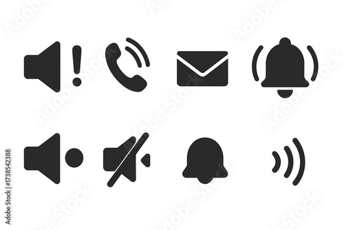 Volume Icons Grid. Solid, filled icon set of volume notifications: alert sound, ringing phone, message tone, alarm bell, system beep, notification badge,