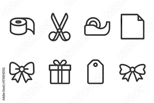 Gift & Care Icons. Outline icon set of gift wrapping: ribbon roll, scissors, tape dispenser, wrapping paper, bow knot, gift box, gift tag, decorative ribbon.