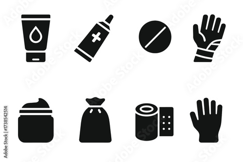 Eczema Treatment Icons. Solid, filled icon set of eczema treatment: moisturizing cream, corticosteroid tube, antihistamine pill, wet wrap, ointment jar, cold