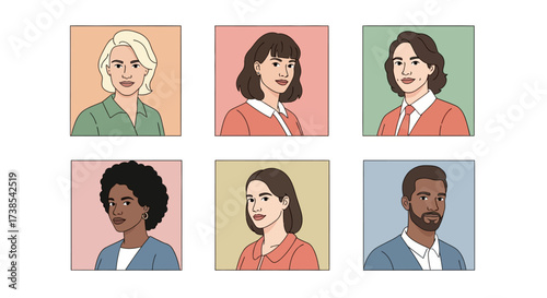 Diverse Group of Professionals Poses for Six Distinct Portrait Images Showcasing Various Ages Genders and Ethnicities in a Digital Art Style