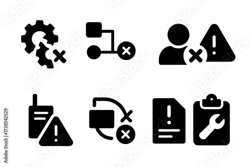 Operational Risk Icons. Solid, filled icon set of operational risk: machinery breakdown, process failure, human error, safety hazard, equipment warning,