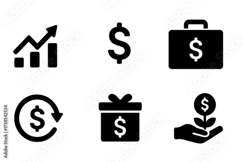 Capital Gain Icons. Solid, filled icon set of capital gain: stock increase, profit chart, dollar sign, investment portfolio, currency arrow, bonus payout,