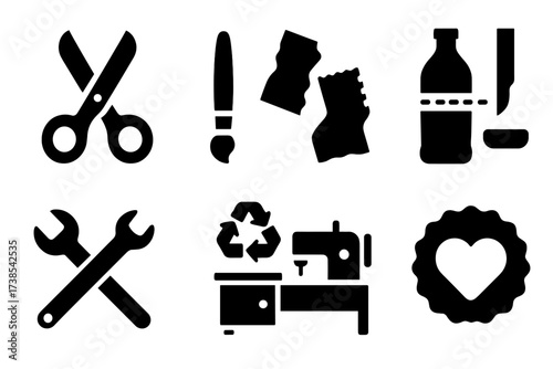 Upcycling Icon Set. Solid, filled icon set of upcycling: craft scissors, paintbrush, fabric scraps, bottle cutting, DIY tools, repurposed furniture, sewing