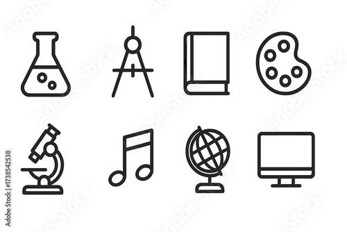Educational Icons Set. Outline icon set of educational subjects: chemistry flask, math compass, book, paint palette, microscope, music note, globe, computer.