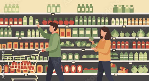 Shoppers carefully select healthy food items from a well-stocked grocery store aisle filled with various products displayed on shelves