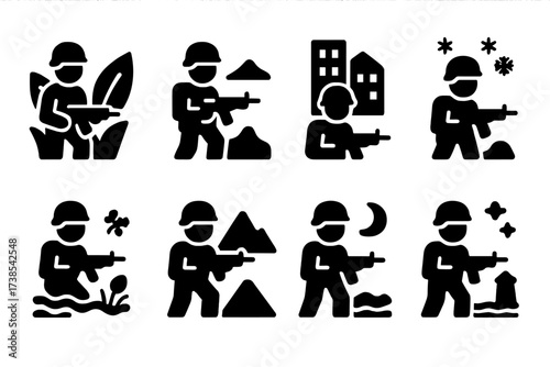 Camouflage Operations Icon Set. Solid, filled icon set of camouflage scenarios: jungle patrol, desert mission, urban ops, snow infiltration, swamp