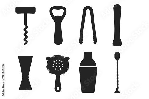 Negroni Bar Tool Icons. Solid, filled icon set of negroni bar tools: corkscrew, bottle opener, ice tongs, muddler, jigger, strainer, shaker, bar spoon. Solid,