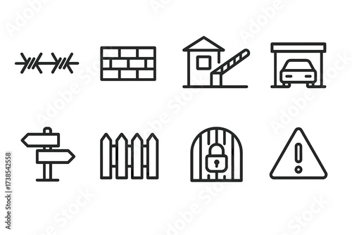 Border Icons Set. Outline icon set of borders and limits: barbed wire, wall, checkpoint, border crossing, signpost, fence, locked gate, warning triangle. Line