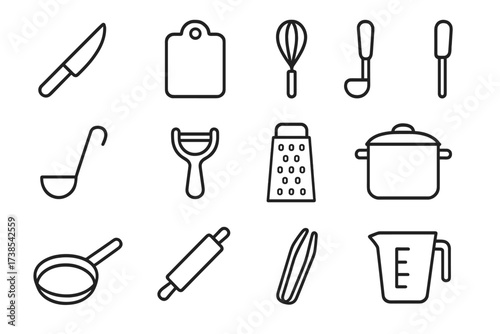 Kitchen Tools Icons. Kitchen tools. Line icon set of Kitchen tools: knife, cutting board, whisk, spatula, ladle, peeler, grater, pot, pan, rolling pin, tongs,