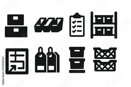 Storage Icon Set. Solid, filled icon set of storage unit organization: labeled boxes, sorting bins, inventory list, shelving system, storage map, color-coded