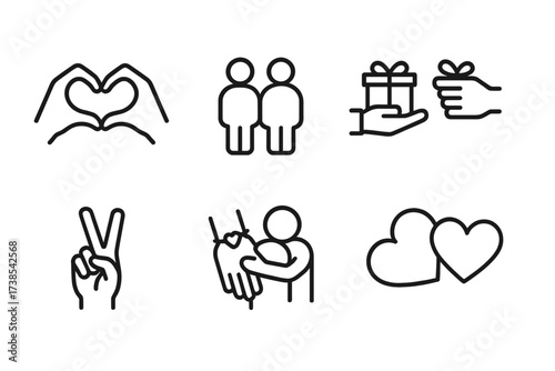 Love and Friendship Icons. Outline icon set of love and friendship: heart hands, couple, best friends, gift exchange, peace sign, friendship bracelets, hugs,