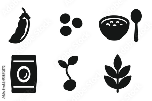 Lentil Icon Set. Solid, filled icon set of lentils: lentil pod, dried lentils, cooked lentils, lentil soup bowl, spoon, seed packet, sprout, plant leaf. [Line