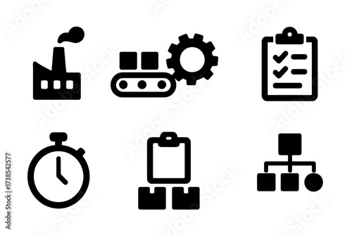 Manufacturing Workflow Icons. Solid, filled icon set of manufacturing workflow: factory, conveyor belt, gear, checklist, stopwatch, clipboard, boxes,