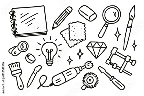 Art Tools Doodle. Hand-drawn doodle illustration creative refine sketchbook, pencil, eraser, magnifying glass, paintbrush, light bulb, polishing cloth, rotary