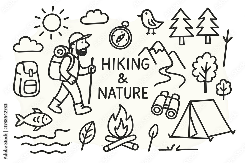 Fototapeta premium Hiking Adventure Icons. Hand-drawn doodle illustration Hiking and nature experience man hiking, backpack, mountain, trees, campfire, tent, river, compass,