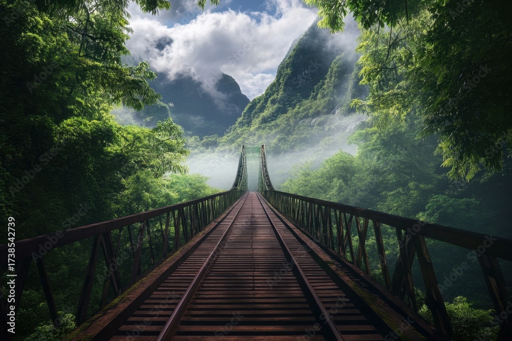 Fototapeta premium Scenic bridge in a lush green forest surrounded by towering mountains and mist