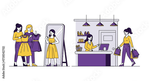 Fashionable women shopping for new dresses at a modern boutique store trying on outfits and making purchases at the checkout counter