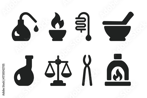 Alchemical Tools Icons. Solid, filled icon set of alchemical tools: alembic, crucible, distillation coil, mortar and pestle, retort flask, balance scale,
