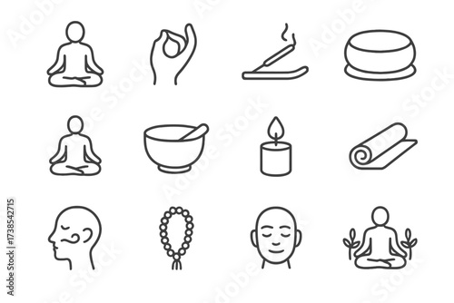 Meditation Icon Set. Meditation. Line icon set of Meditation: sitting pose, hands in mudra, incense stick, meditation cushion, lotus posture, sound bowl,