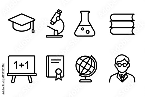 French Education Icons. Outline icon set of French education and science: graduation cap, microscope, chemistry flask, book stack, blackboard, diploma, globe,